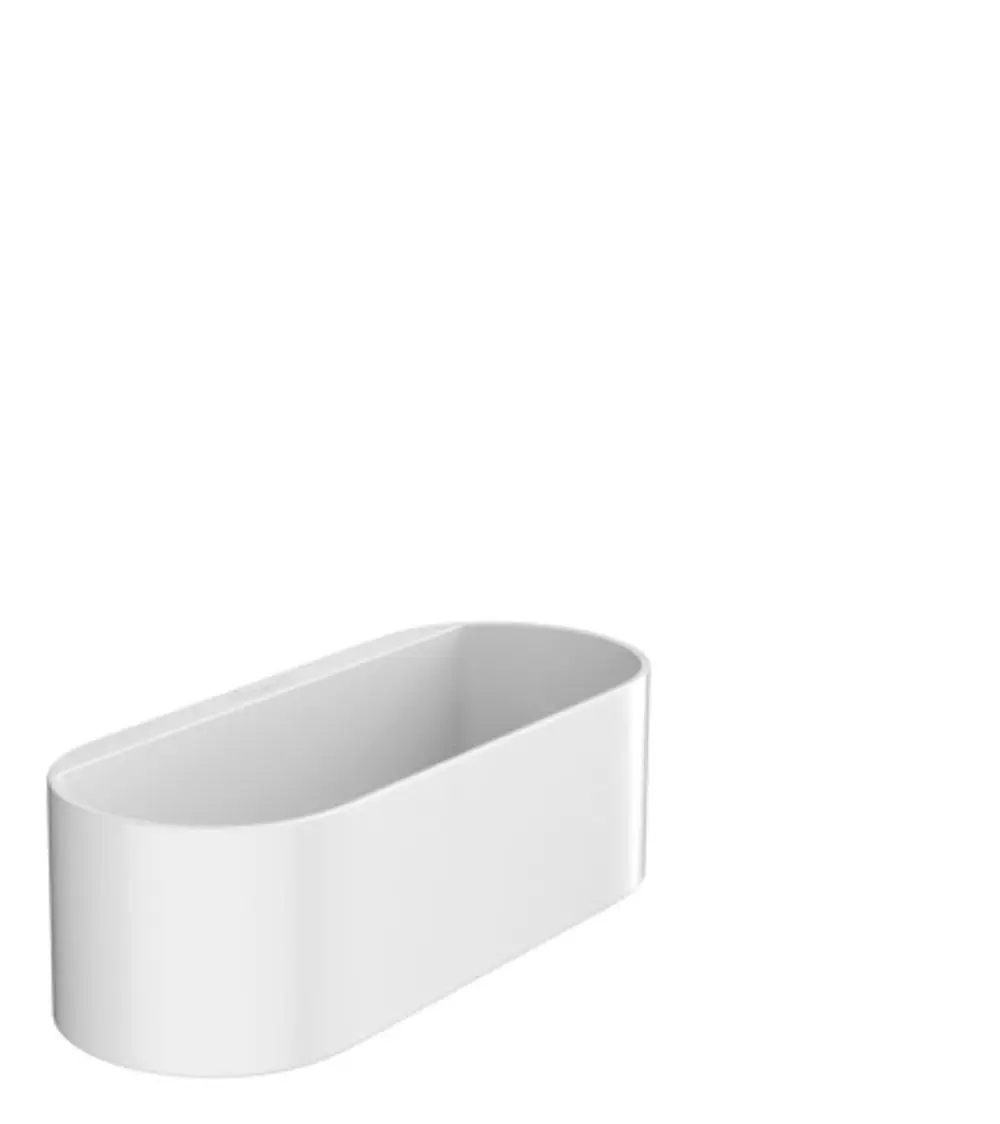 Heller, ovaler Ablagekorb aus Kunststoff, angebracht an der Wand, von Hansgrohe, mit tiefem Design für die Aufbewahrung in einem Badezimmer.